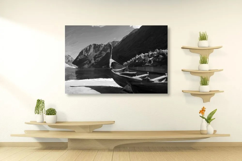 Quadro su tela – Nave vichinga di legno in bianco e nero