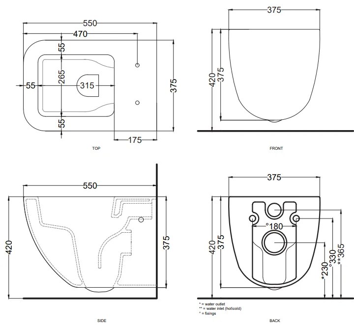 Cielo Shui Comport vaso sospeso senza brida senza sedile completo di fissaggio talco