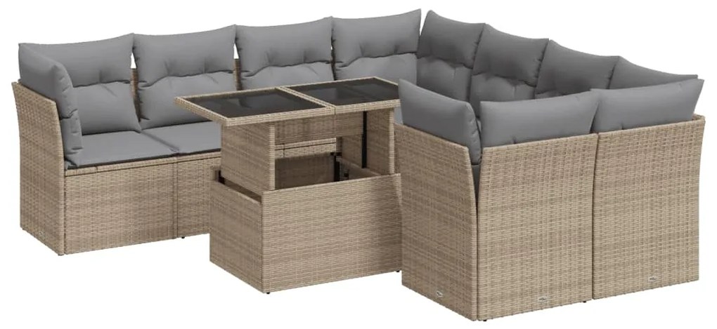 Set divano da giardino 9 pz con cuscini beige in polyrattan