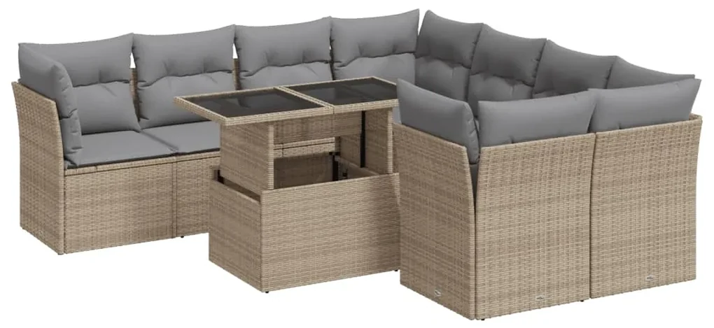 Set divano da giardino 9 pz con cuscini beige in polyrattan