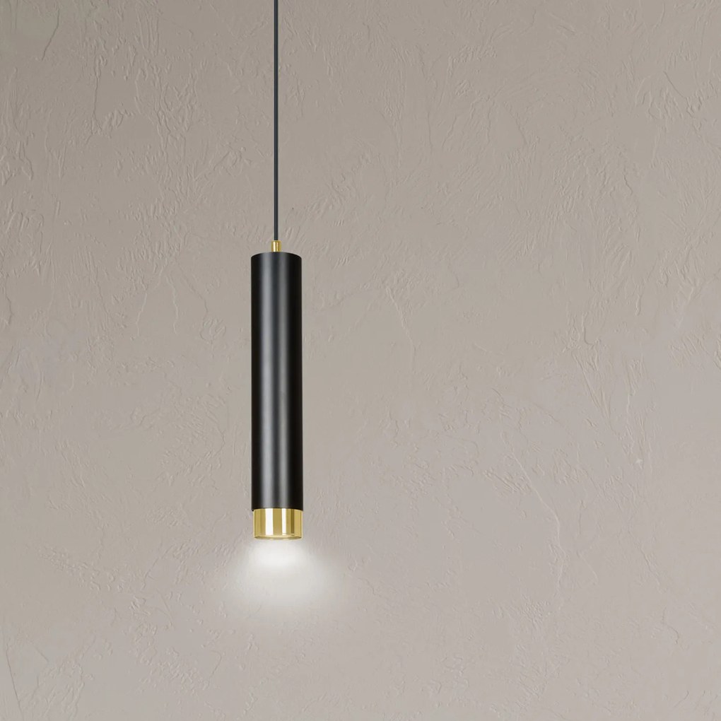 Sospensione 1 Luce Brunilde In Acciaio Nero Con Tubolare In Nero E Oro