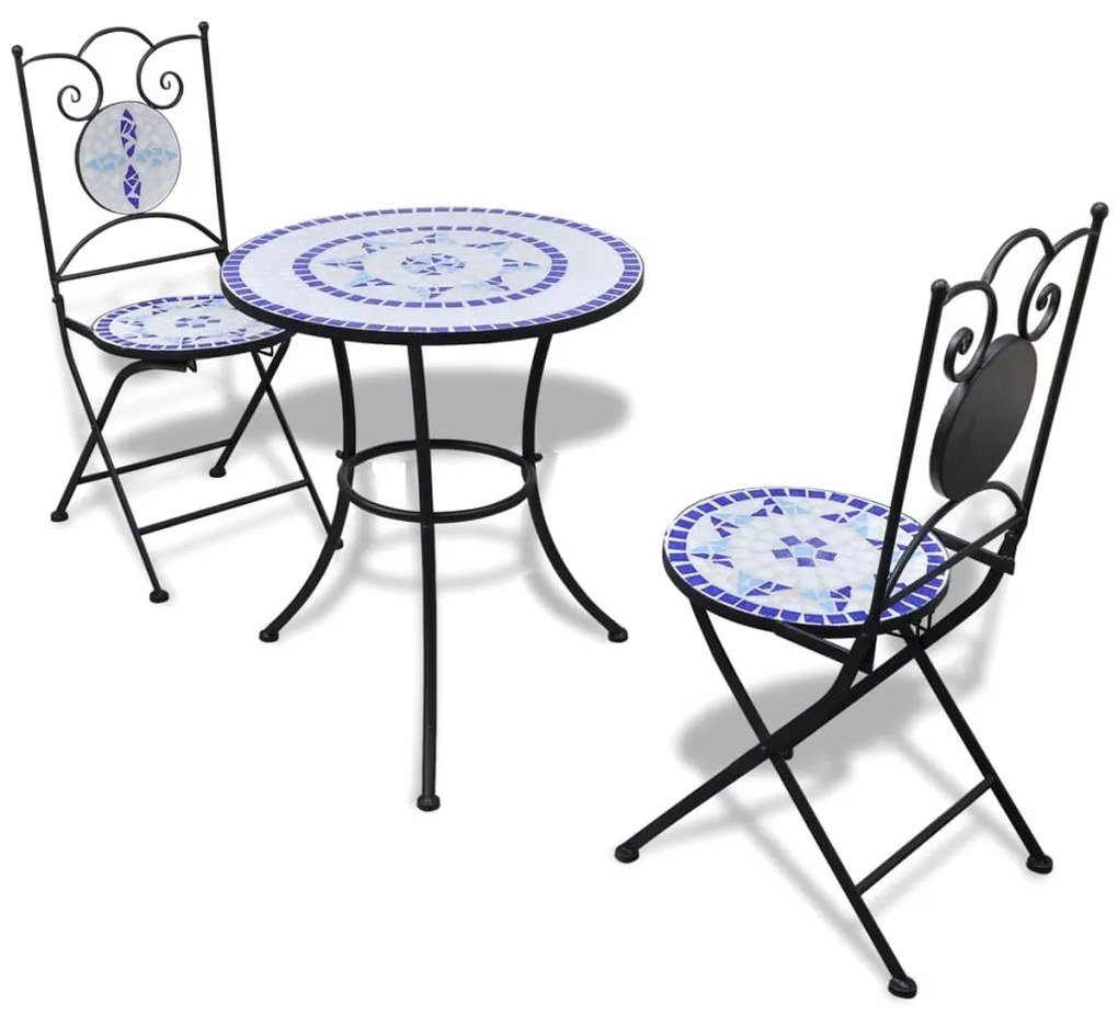 Set da bistrot 3 pz in piastrelle di ceramica blu e bianco