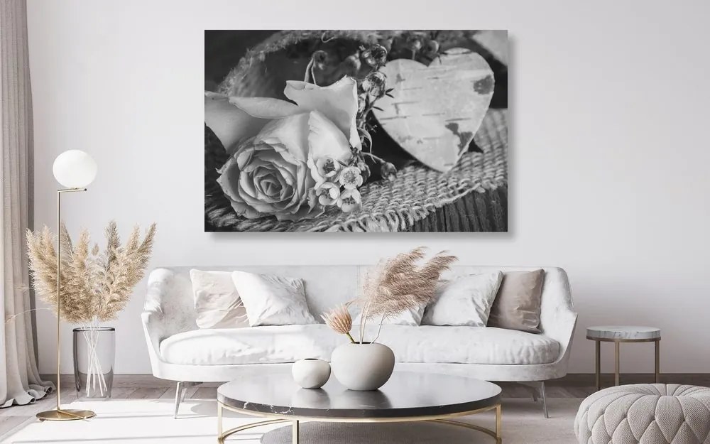 Quadro su tela – Rose e cuore in juta in bianco e nero