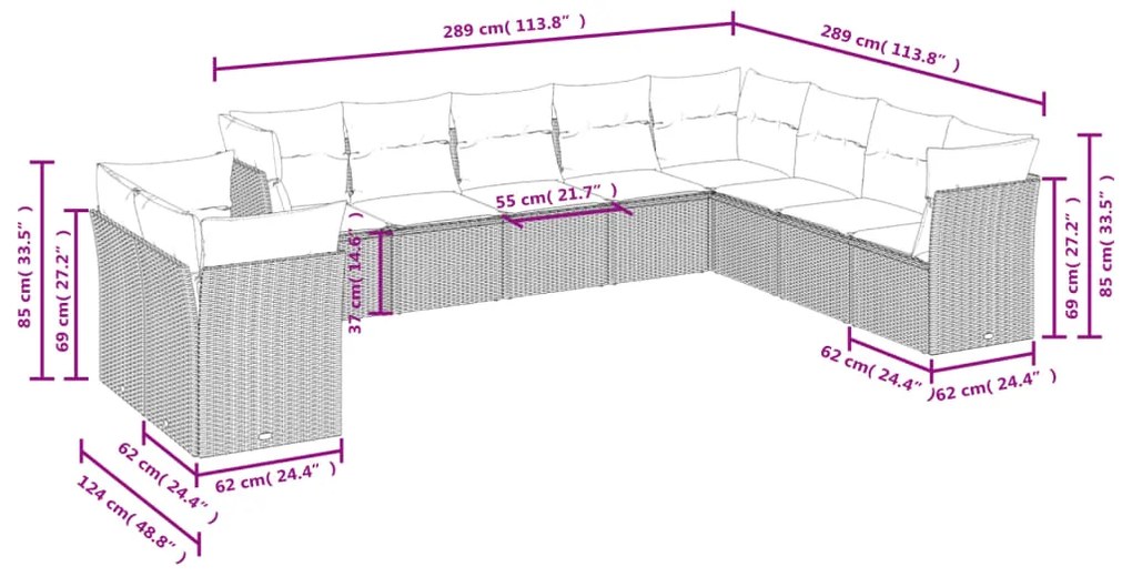 Set divano giardino 10 pz con cuscini grigio chiaro polyrattan