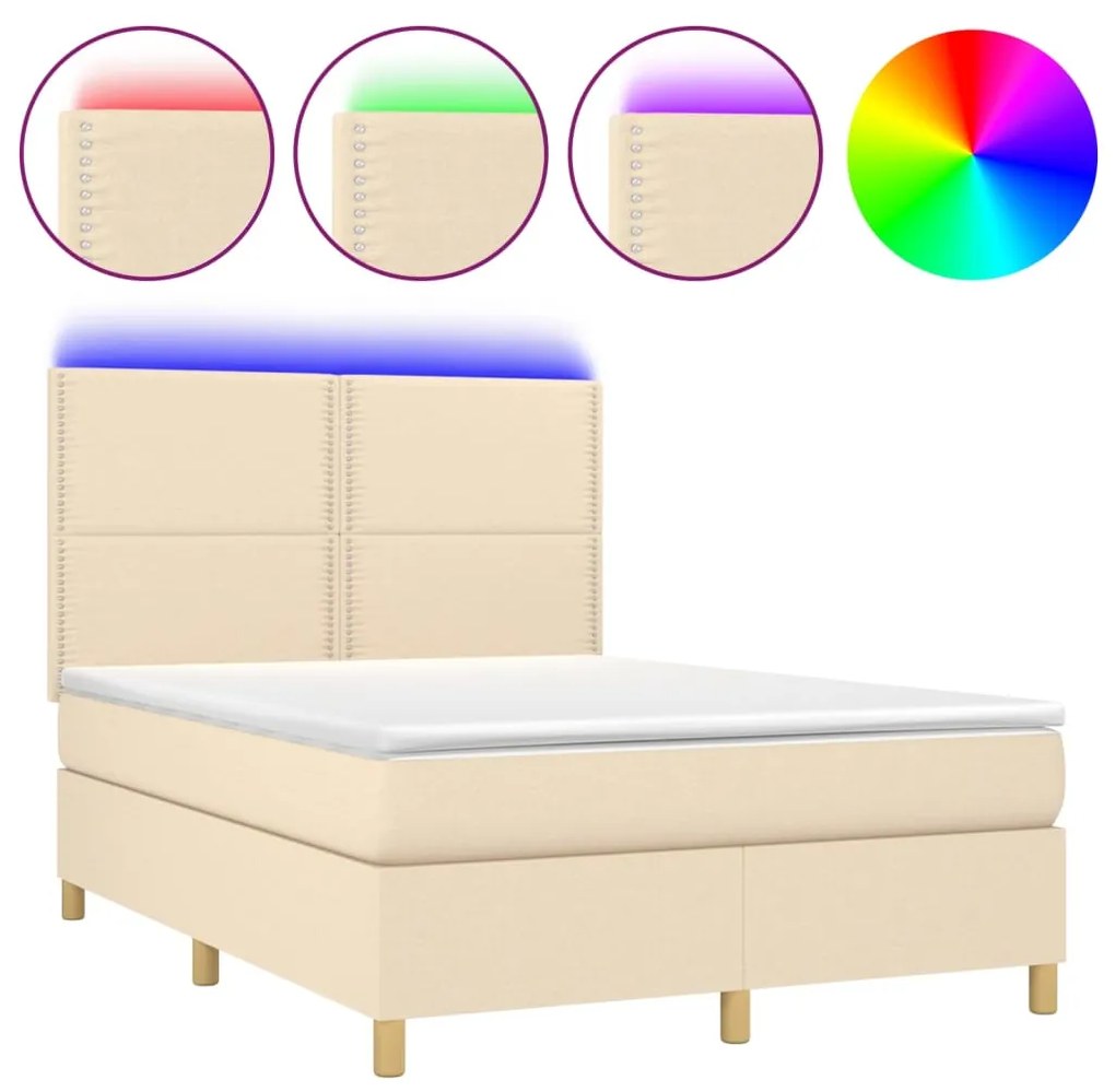 Letto a molle con materasso e led crema 140x190 cm in tessuto
