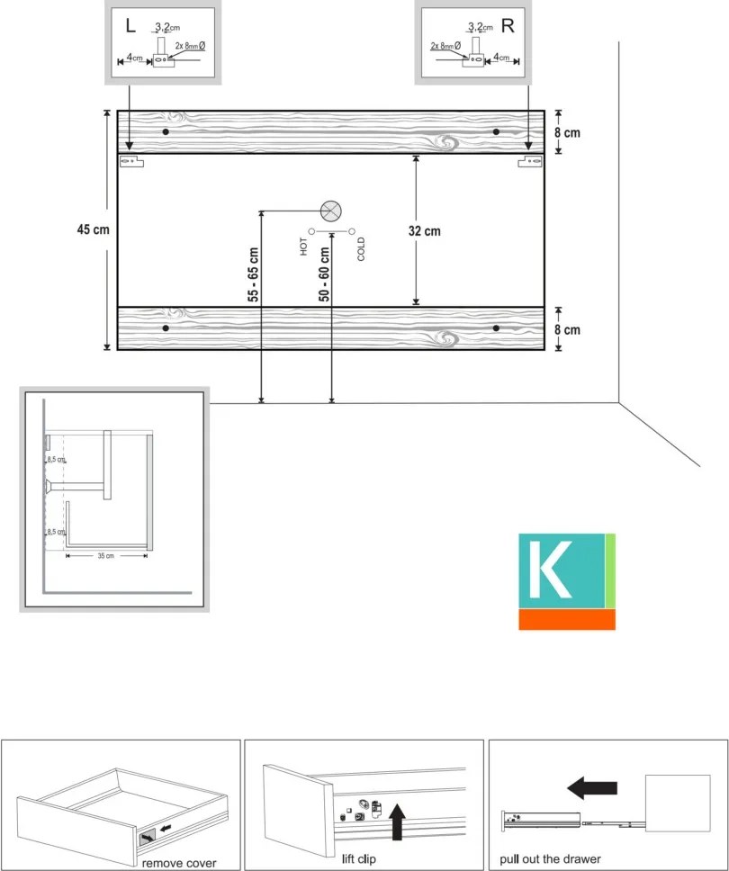 Mobile bagno sospeso 155 cm con lavabo in solid surface bianco e doppio cassetto SP-155C - KAMALU