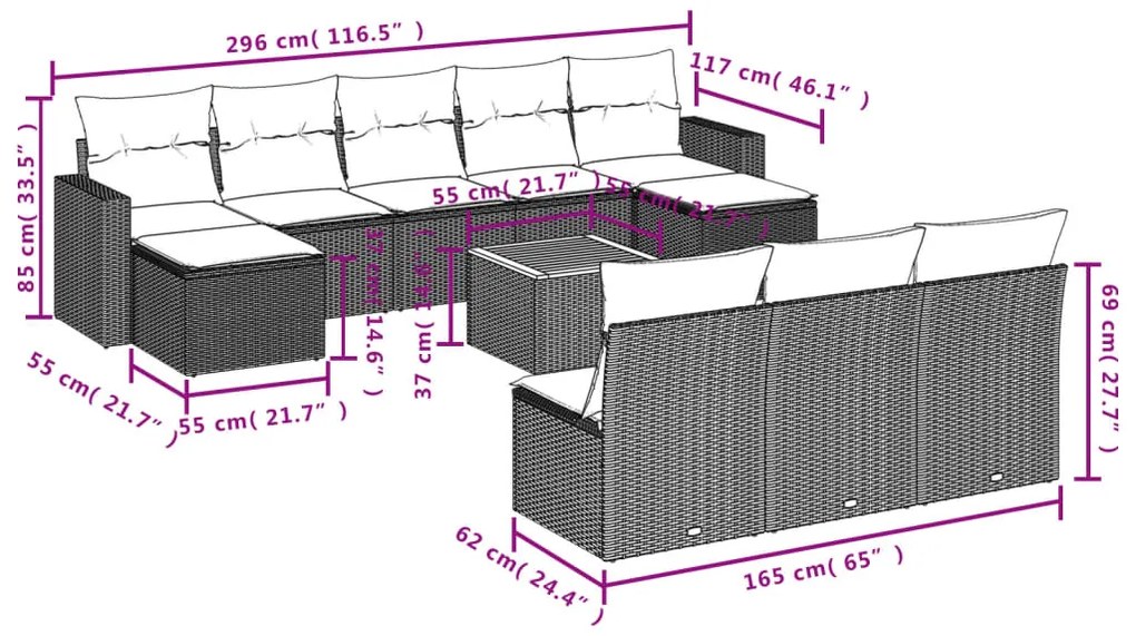 Set divani da giardino 11 pz con cuscini in polyrattan grigio