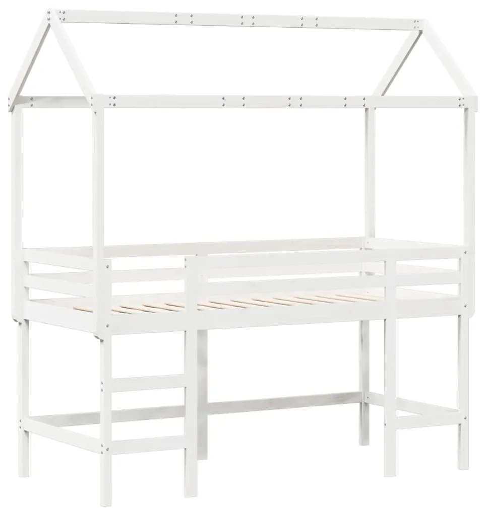 Letto soppalco con scala e tetto bianco 80x200 cm massello pino