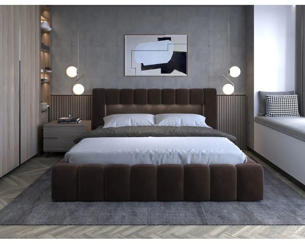 Letto matrimoniale imbottito marrone scuro con contenitore con rete inclusa 140x200 cm Lamica – ELTAP