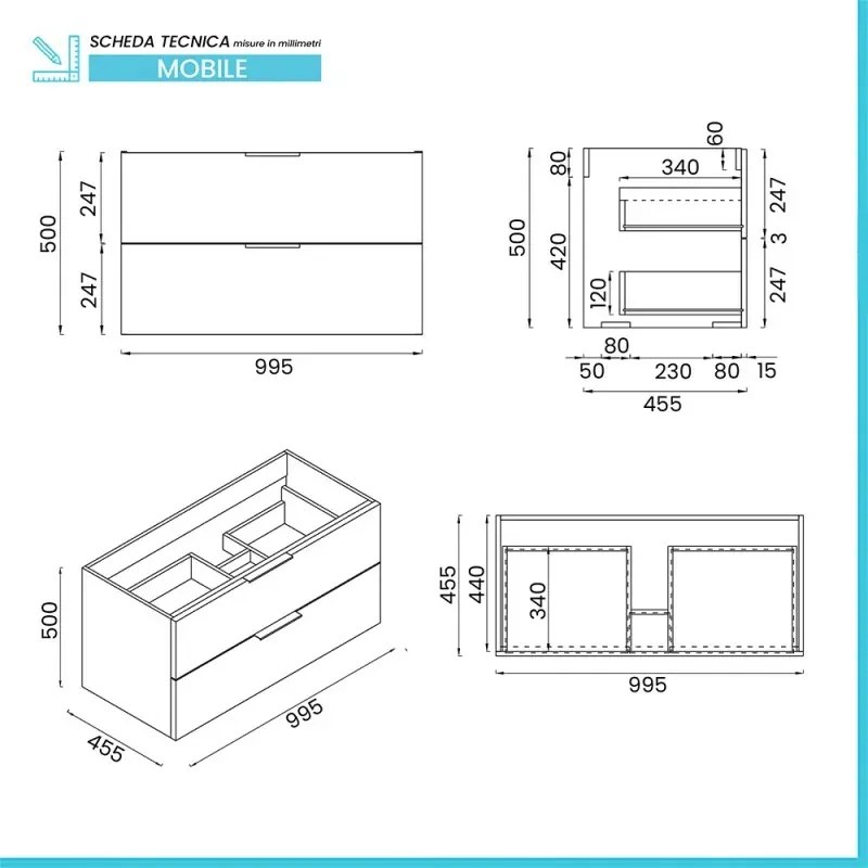 Mobile bagno sospeso 100cm rovere con cassetti lavabo e specchio Elva