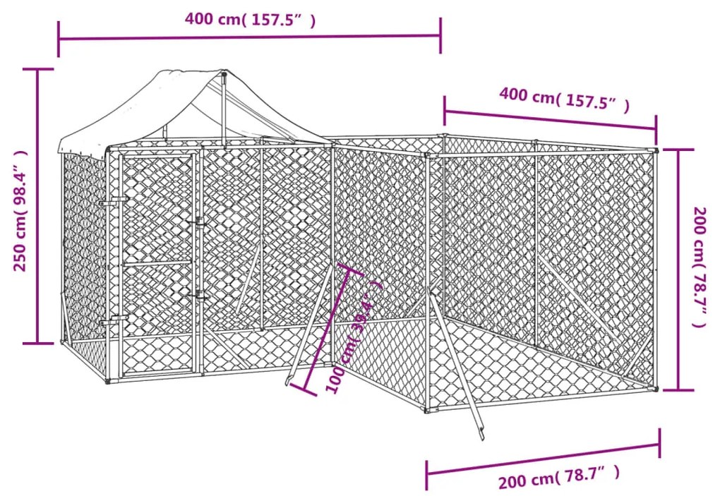 Cuccia cani da esterno tetto argento 4x4x2,5 m acciaio zincato