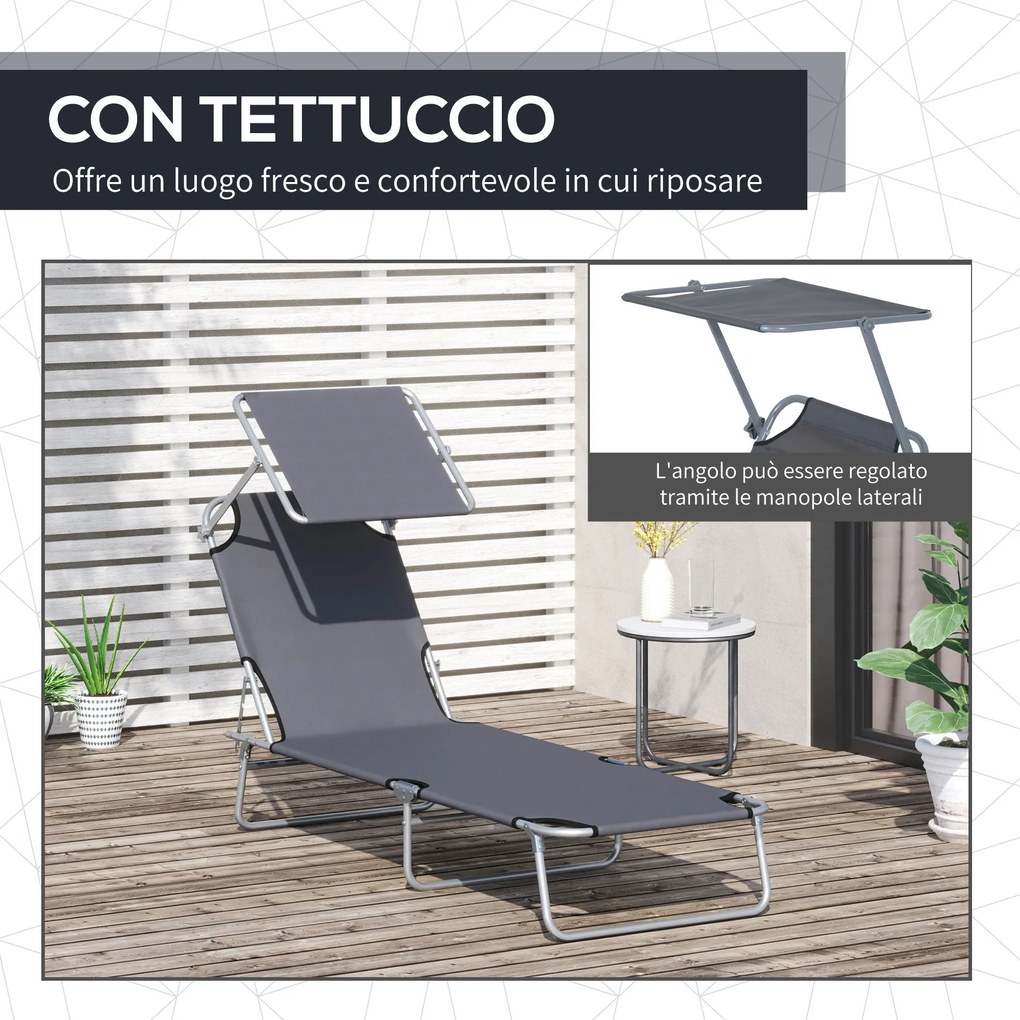 Lettino Prendisole in Ferro Pieghevole Reclinabile con Tettuccio Parasole Oxford Grigio...