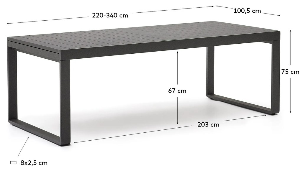 Kave Home - Tavolo estensibile da esterno Galdana in alluminio con finitura grigio scuro 220 (340) x 1