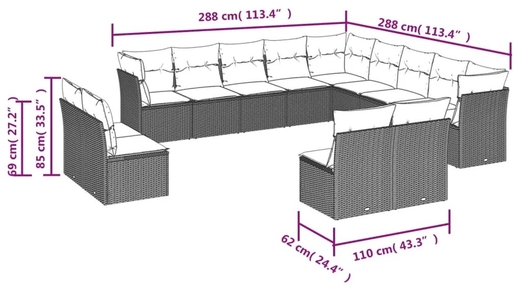 Set Divani da Giardino 12 pz con Cuscini Beige in Polyrattan