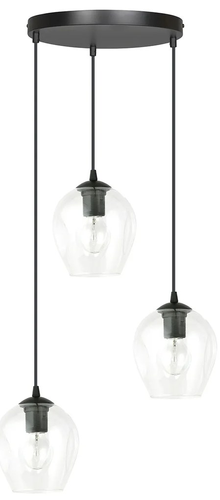 Lampadario 3 Luci Fuxi Base Tonda In Acciaio Nero E Vetri Trasparente