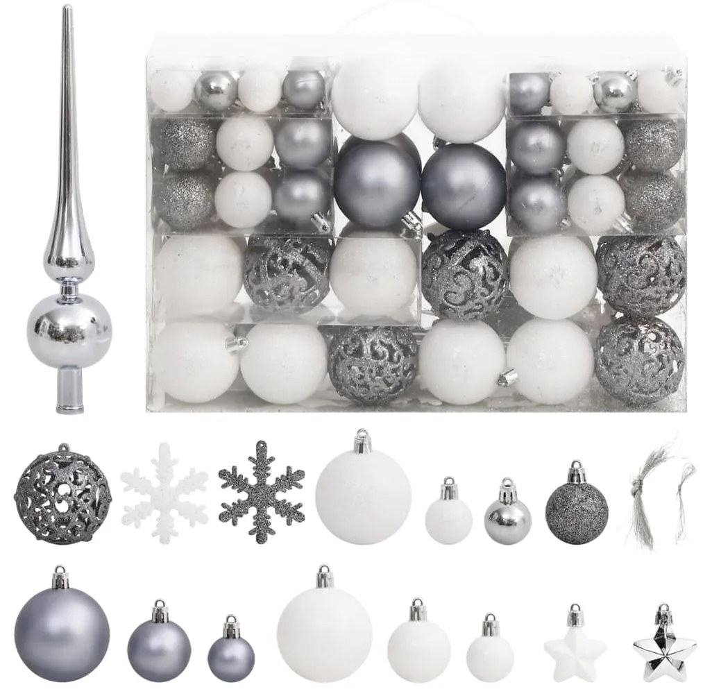 Set Palline di Natale 111 pz in Polistirene, Bianco e Grigio