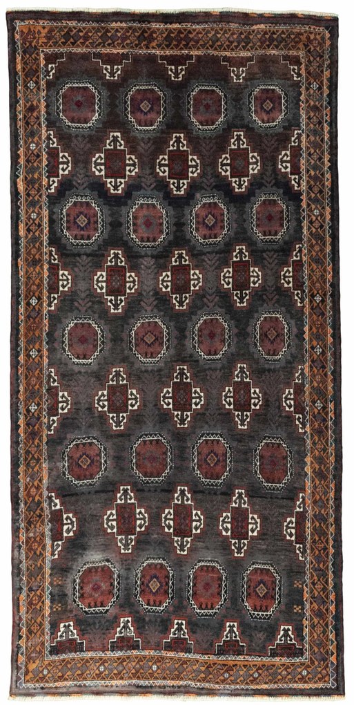 Turkmen Tappeto 130x270 Nero (Iran) Annodato A Mano