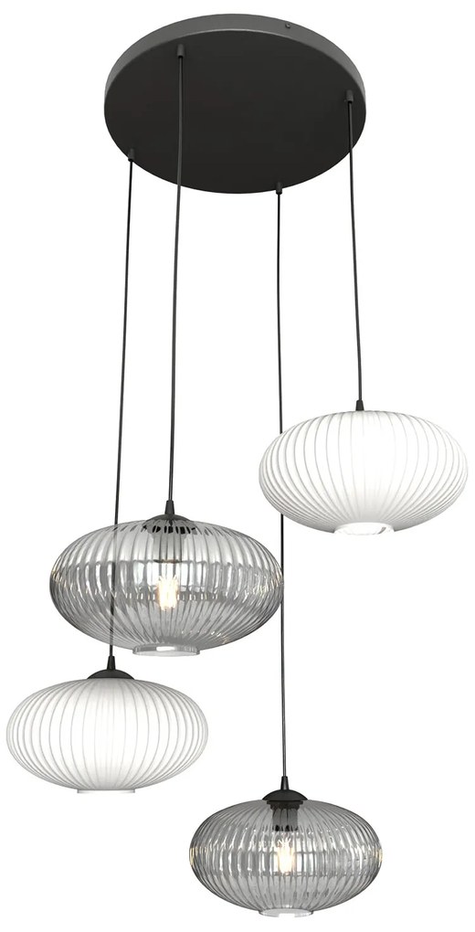 Lampadario 4 Luci Iris Base Tonda In Acciaio Nero Paralume Plissè Multicolor