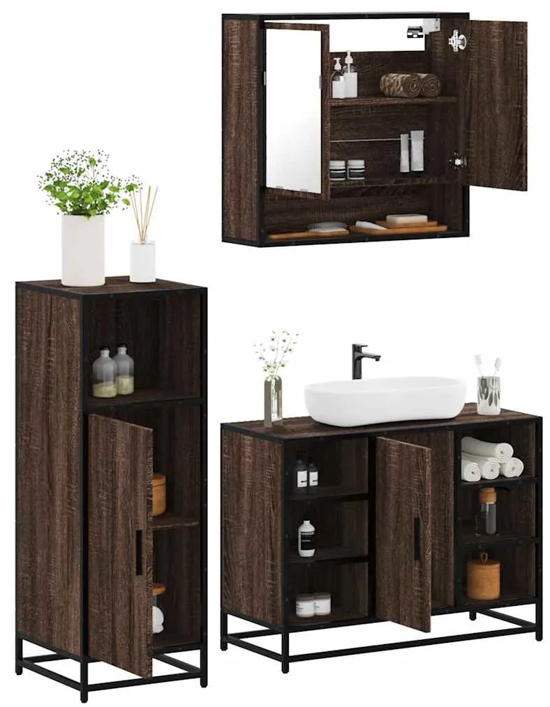 Set Mobili Da Bagno 3 Pz Rovere Marrone İn Legno Multistrato /