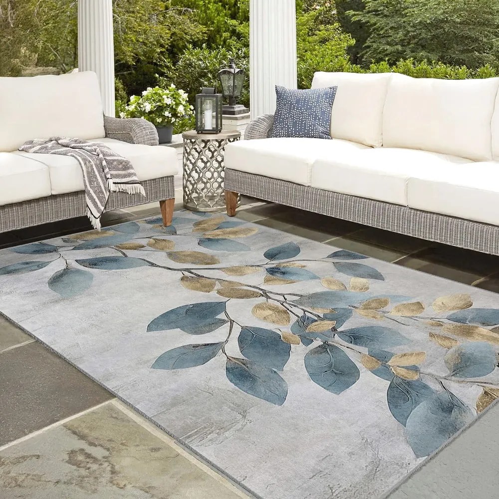Tappeto azzurro/dorato lavabile 80x150 cm Golden Leaves – Mila Home