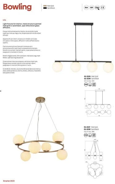 Redo 01-3155 - Lampadario a sospensione con filo BOWLING 4xE27/42W/230V oro