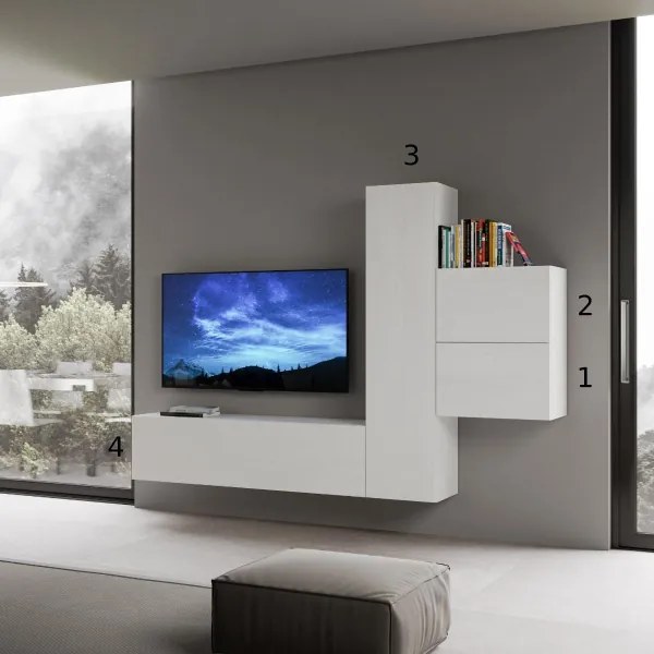 Parete da soggiorno Isoka A17 L.254 H.174 P.39,5 Bianco