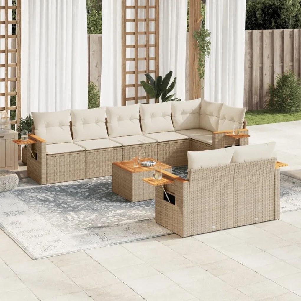 Set divano da giardino 9 pz con cuscini beige in polyrattan