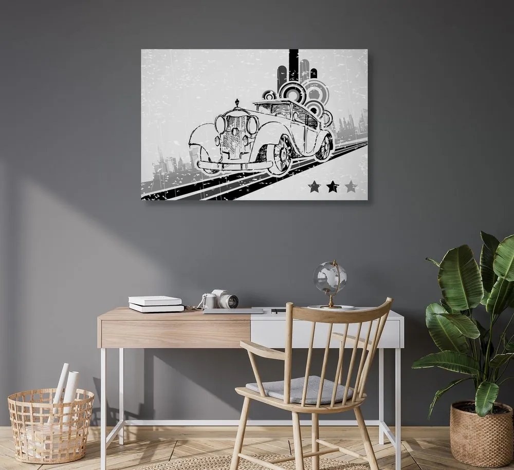 Quadro su tela – Auto in bianco e nero con sfondo vintage