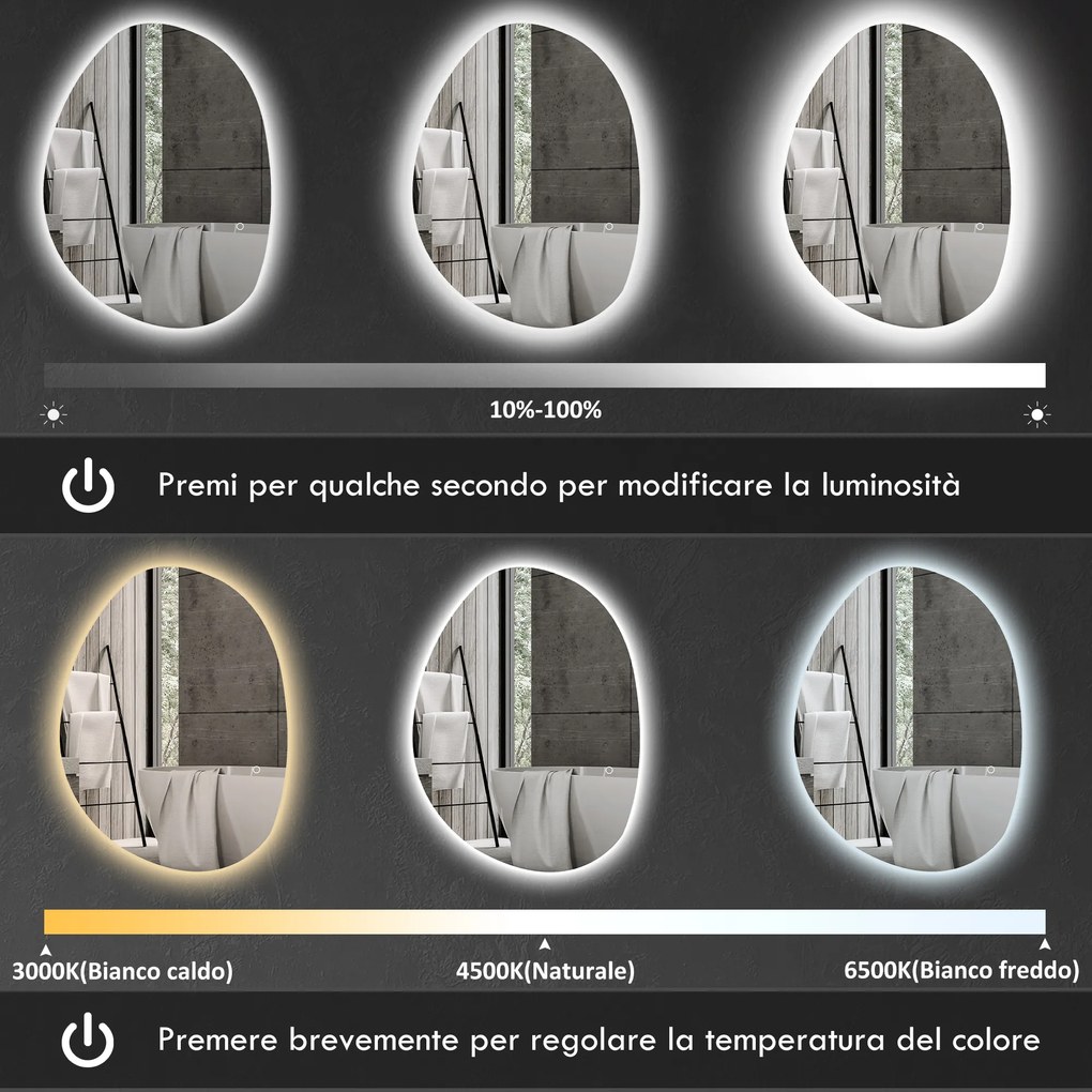 Specchio da Bagno con Luce LED Regolabile 70x5x50 cm in Vetro Temperato...