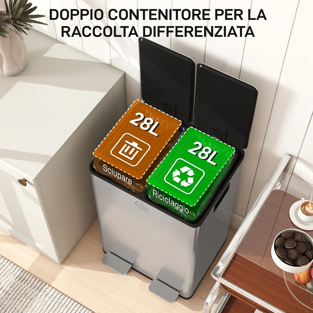 Pattumiera Differenziata Cestino Spazzatura 2 Scomparti da 28L in Acciaio Inox Argento...