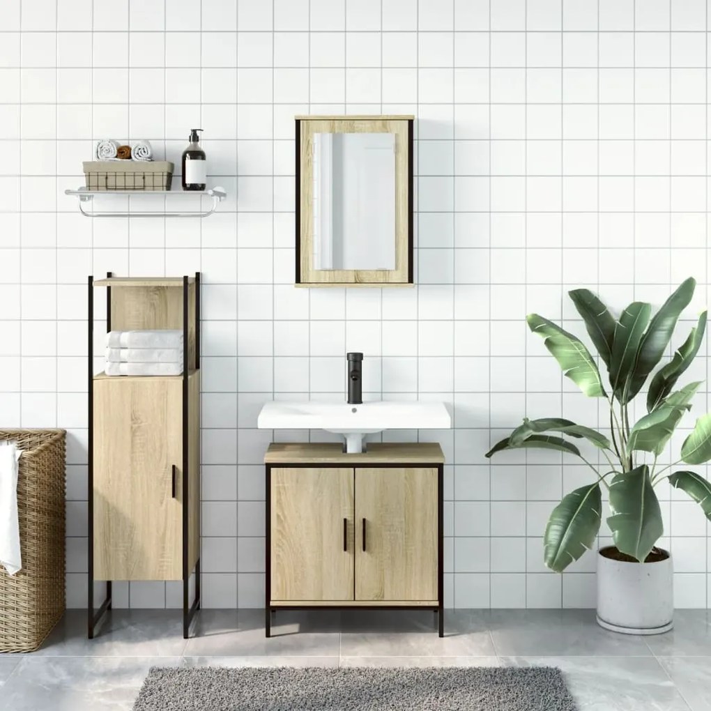 Set mobili da bagno 3 pz rovere sonoma in legno multistrato