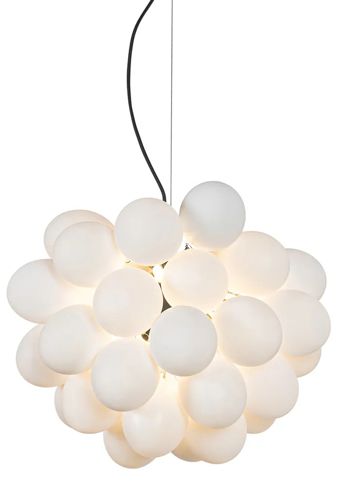 Lampada a sospensione Art Déco nera con vetro opalino rotondo a 8 luci - Uvas