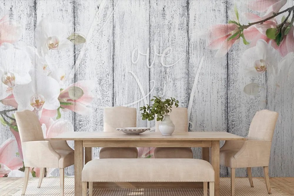 Carta da parati – Orchidea Vintage con Scritta - Love begins at home