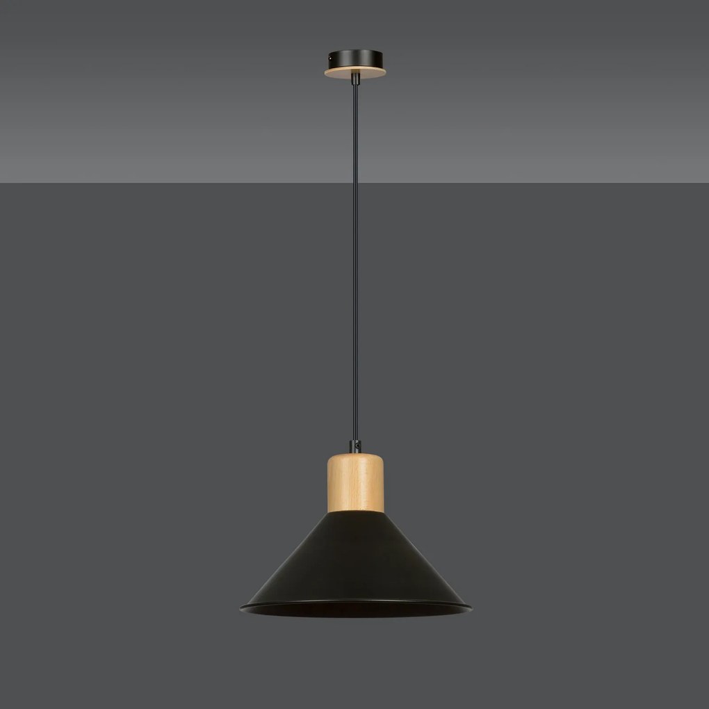 Sospensione Nordica 1 Luce Rowen In Acciaio Nero E Legno