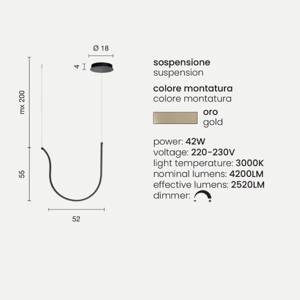 Lampada a sospensione ARQUA LED in metallo verniciato 52 cm ORO