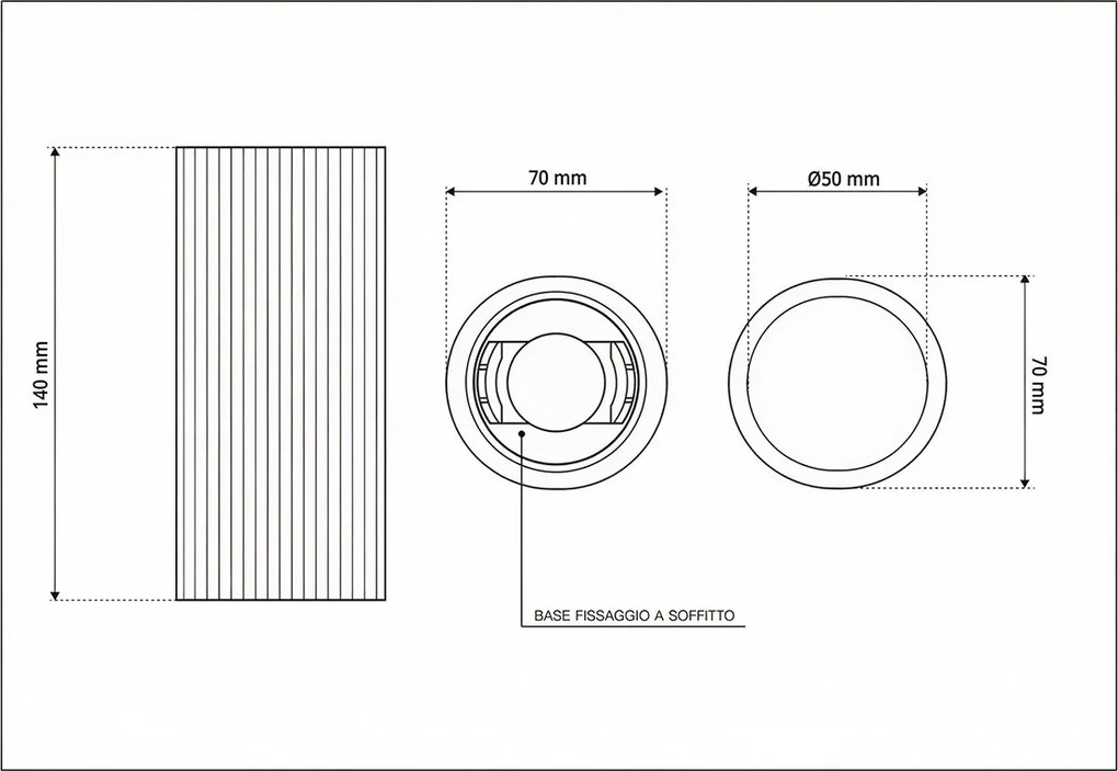 Plafoniera Cilindrica Ø70x140mm GU10 in Gesso Rigato Pitturabile
