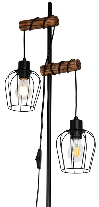 Lampada da terra rustica nera con legno 2 luci - Stronk
