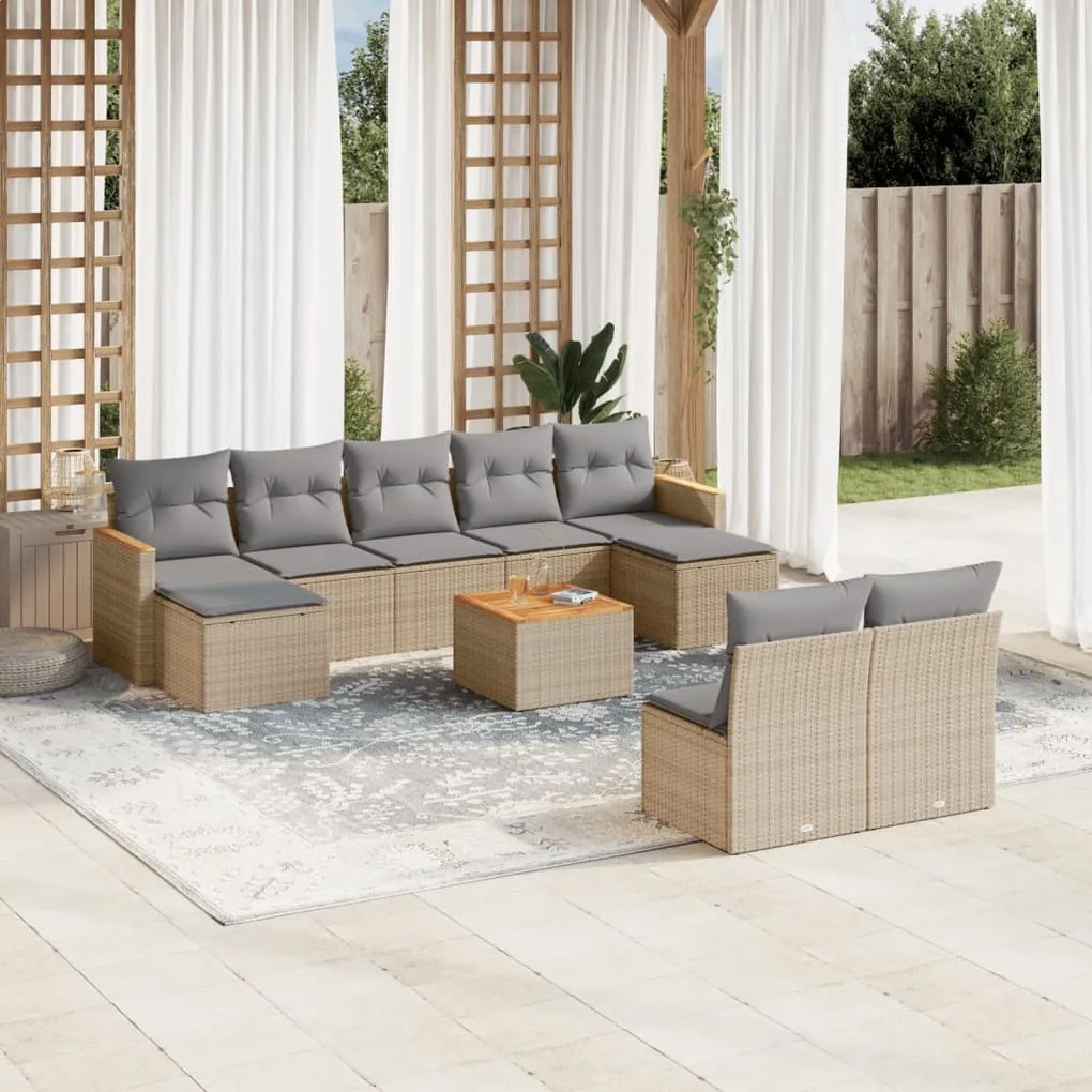 Set Divano da Giardino 10 pz con Cuscini Beige Misto Polyrattan