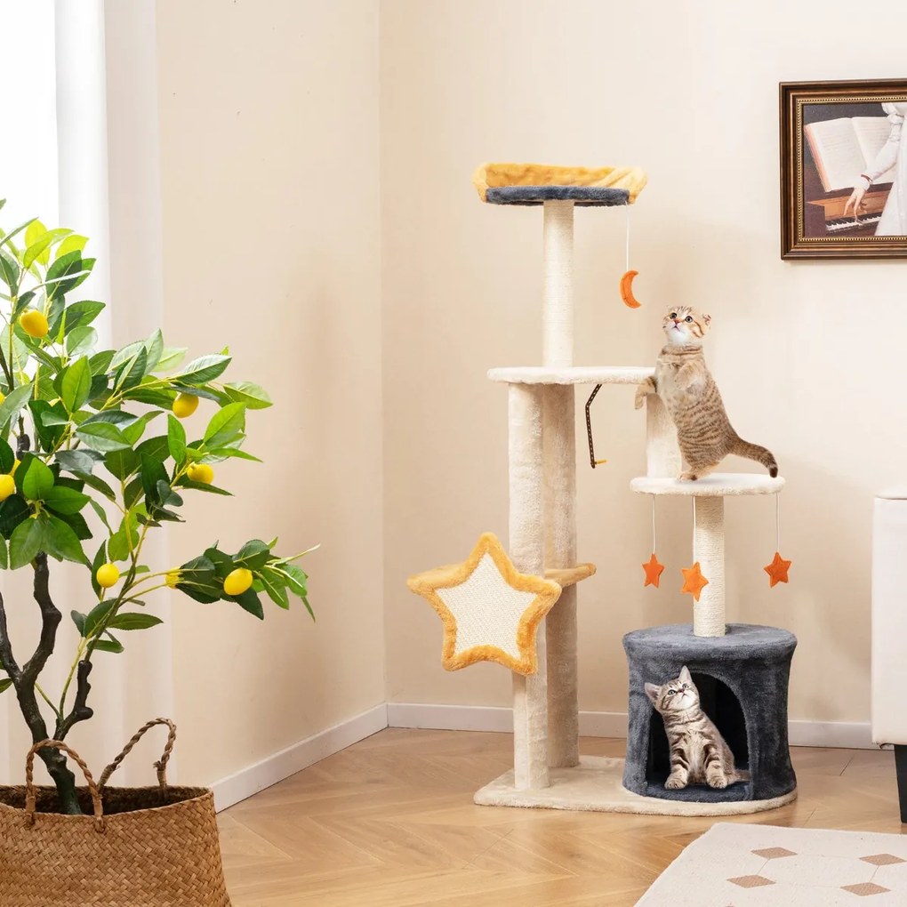 Costway Albero per gatti carino da 128cm da interno con tiragraffi in sisal gattiera, Torre multi-livello per gatti