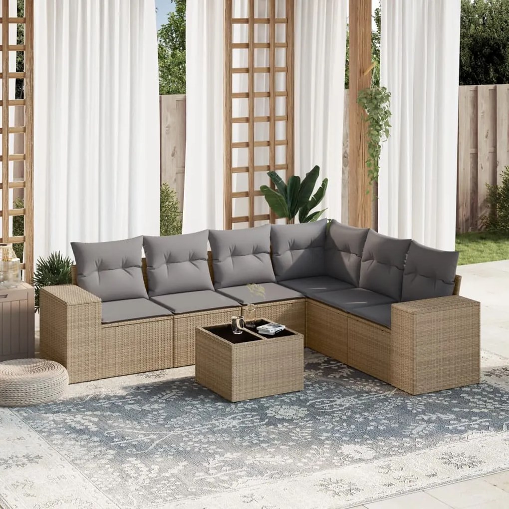 Set Divani da Giardino 7 pz con Cuscini Beige in Polyrattan