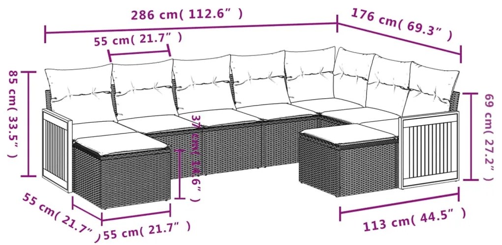 Set Divano da Giardino 9 pz con Cuscini Grigio in Polyrattan