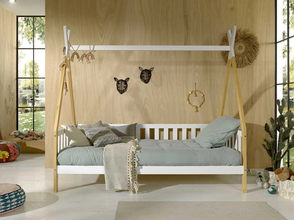 Divano letto montessoriano per camerette in Pino naturale e Bianco laccato