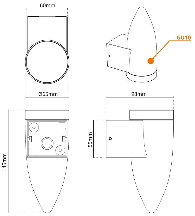 Applique da Parete a Cono per esterni, IP65 GU10 - Nera Colore del corpo Nero