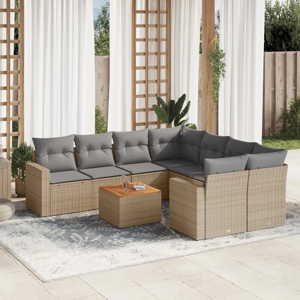 Set Divano da Giardino 9 pz con Cuscini Beige Misto Polyrattan