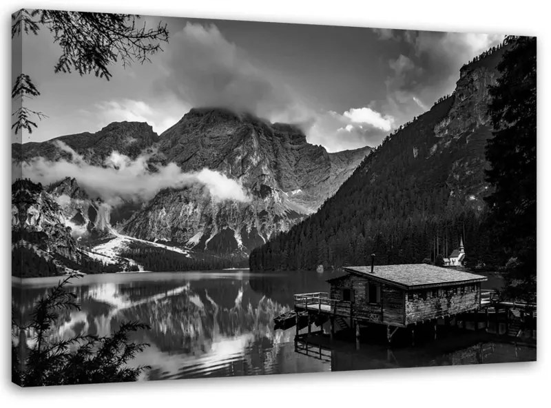 Quadro su tela, Capanna in un lago di montagna Alpi  Dimensioni 90x60