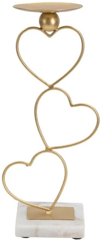 Portacandele a Cuore in Metallo Dorato con Base in Marmo - 14,5x10x32,5 cm