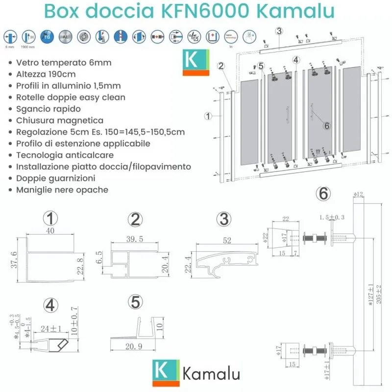 Kamalu - nicchia doccia 170cm doppio scorrevole anticalcare telaio nero kfn6000