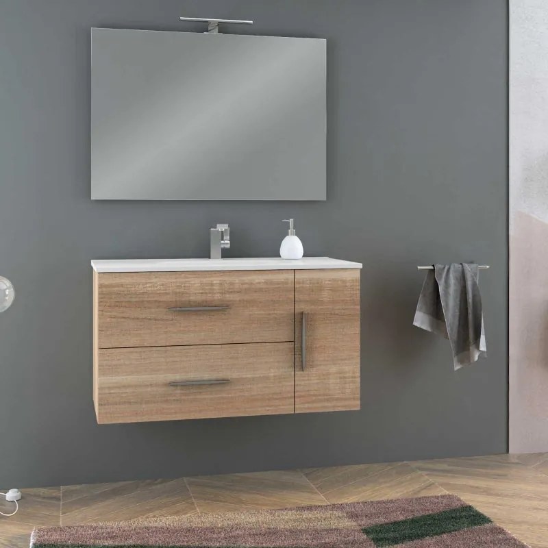 Mobile bagno sospeso con lavabo L 100 x H 55 x P 46 cm rovere bruge, 1 anta 2 cassetti per vasca centrale Master