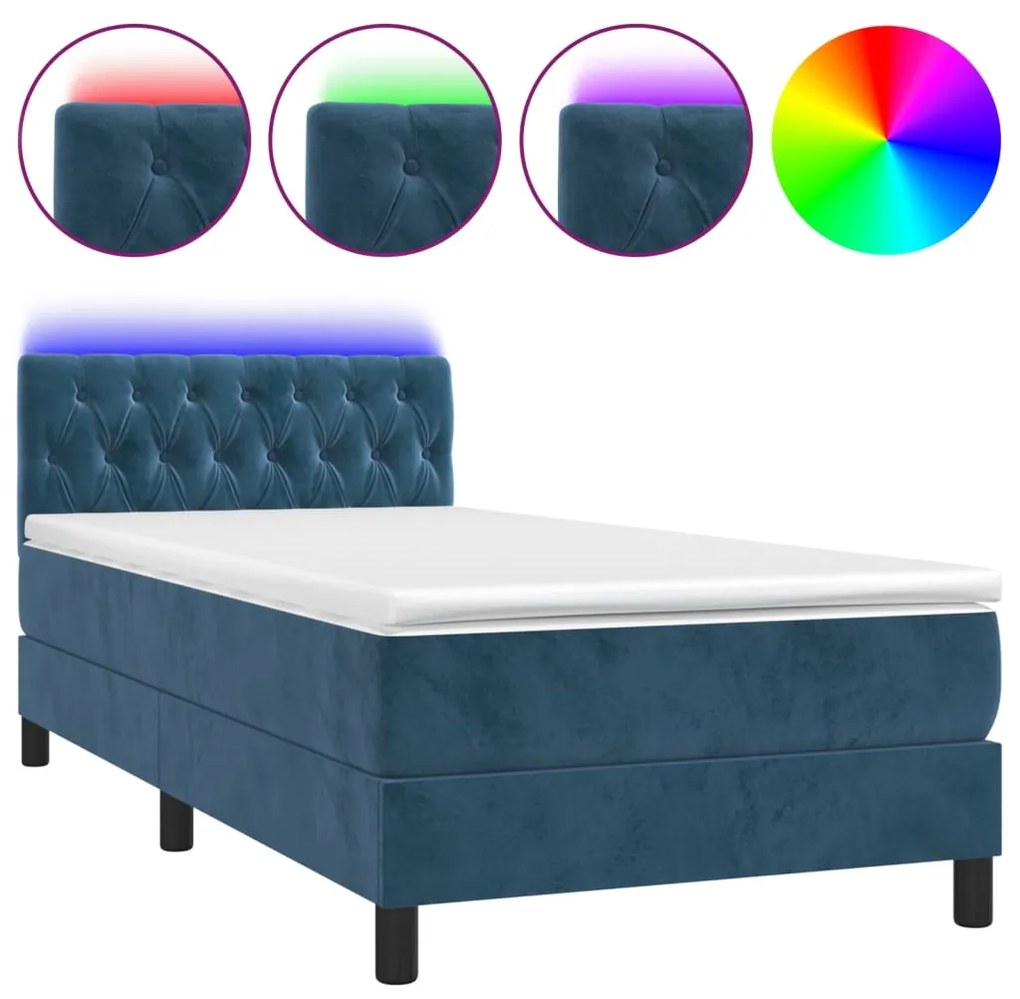 Letto a Molle con Materasso e LED Blu Scuro 100x200 cm