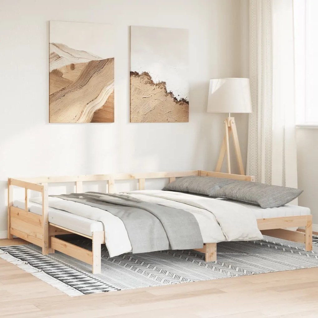 Divano Letto Con Rotelle E Materasso 80x200 Cm İn Legno Di Pino /